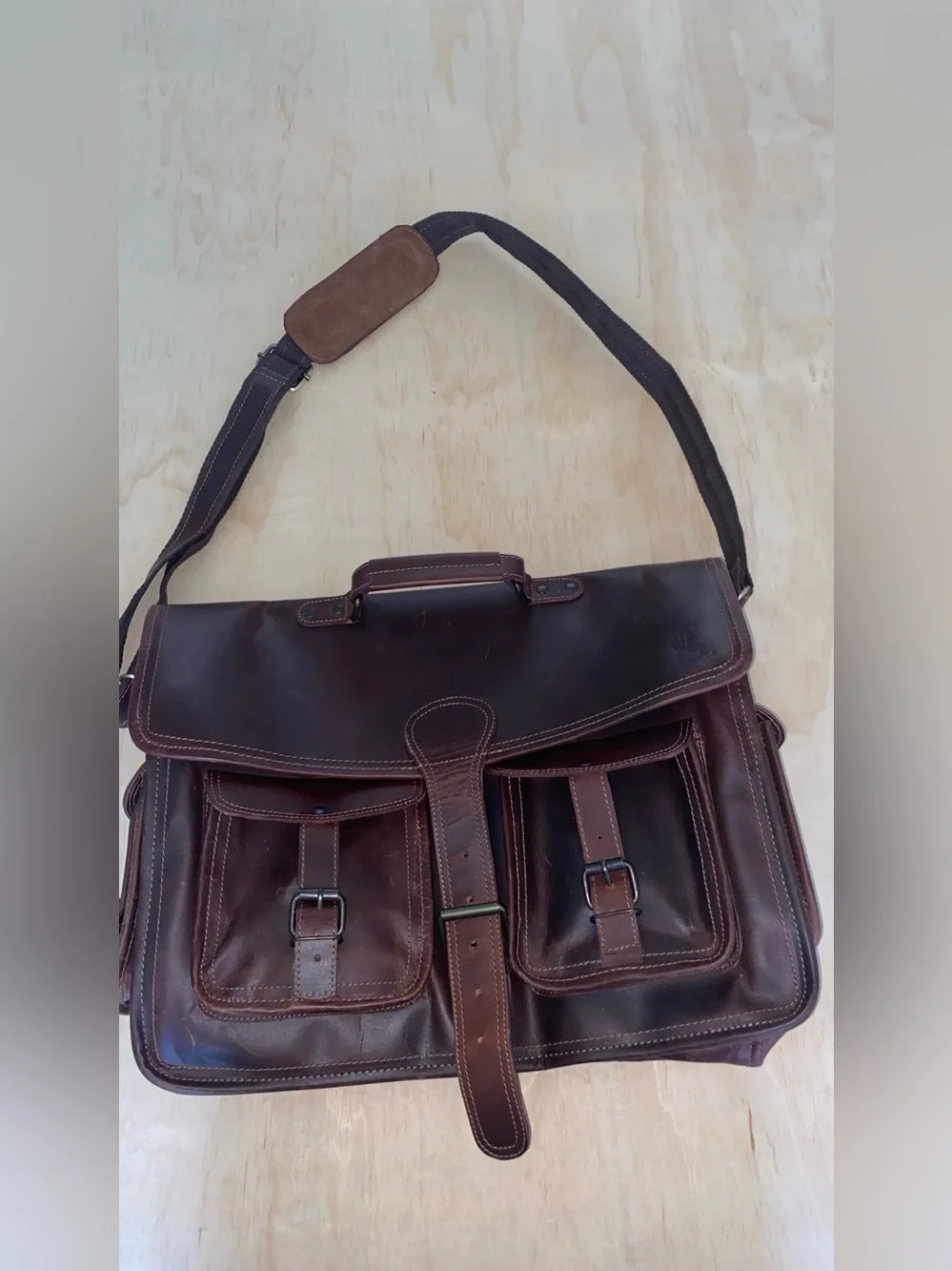 Men’s Dark Brown Leather Briefcase with Front Pockets